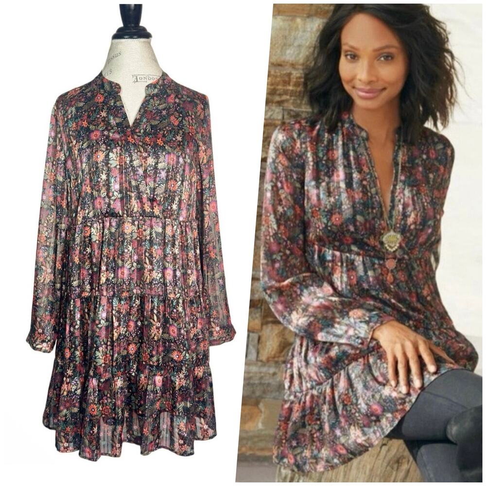 Soft Surroundings | Women | Castile Dark Floral Metallic Long Tunic Top | Medium
